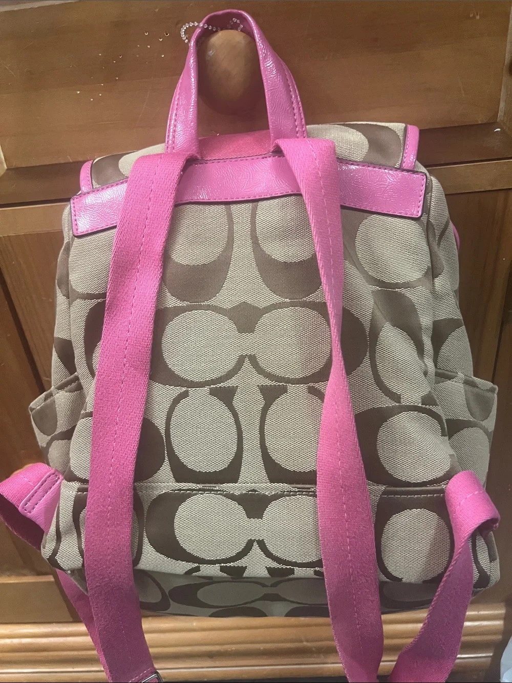 Coach Brown Signature Canvas Backpack with Pink Trim
